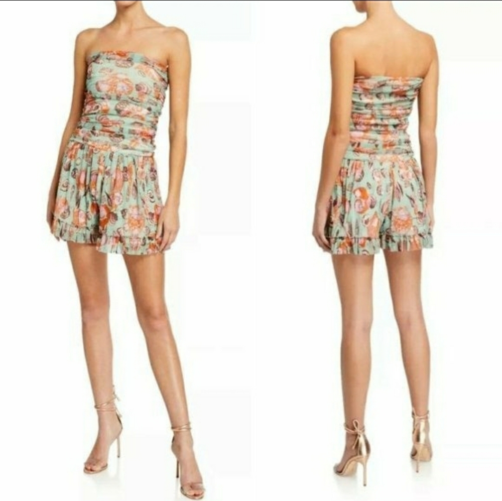 Fuzzi ruched Multicolor Seafoam Green Pastel seashell strapless Romper L